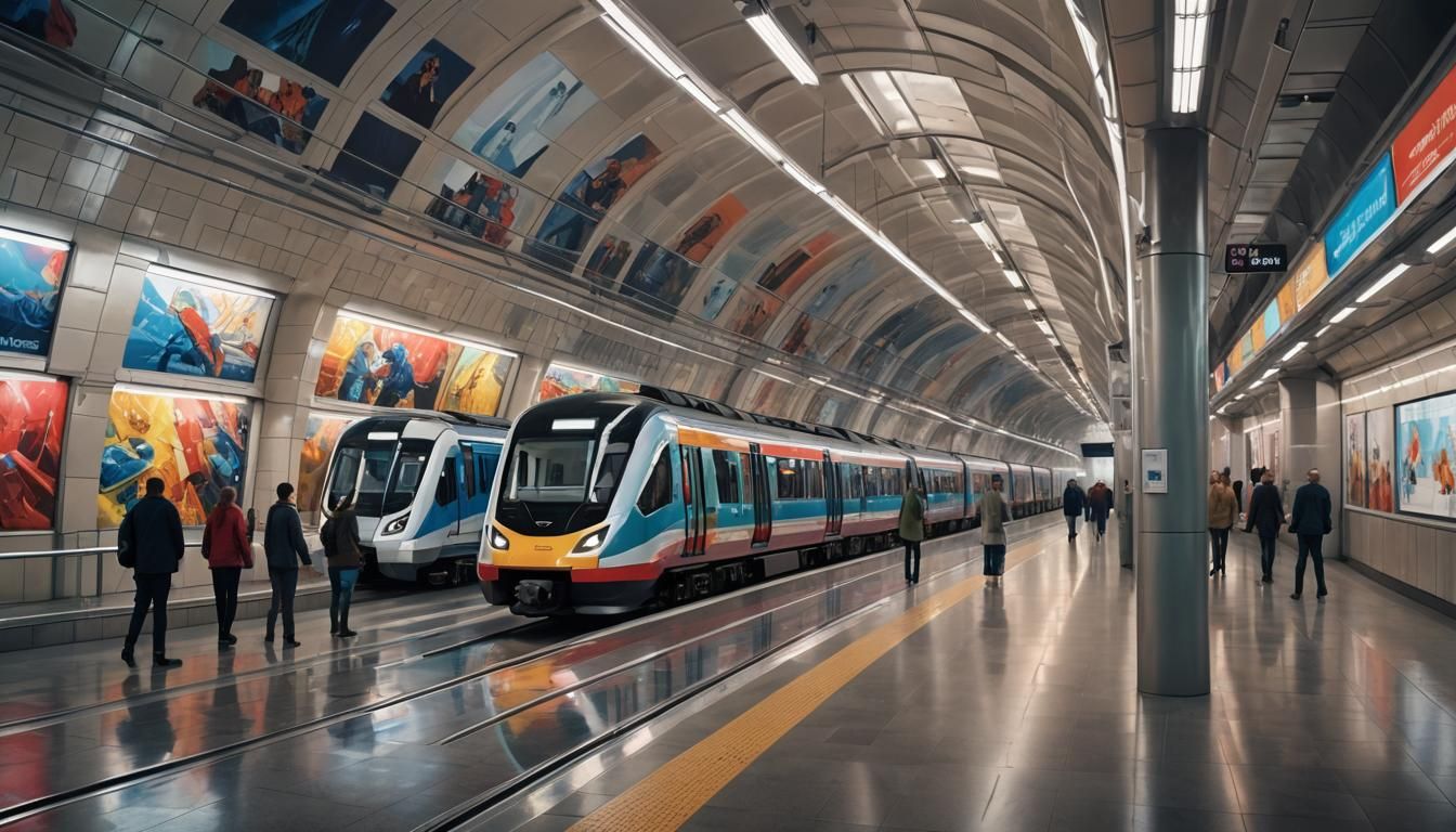 Modern Metro Station with New Trains as Oil Painting