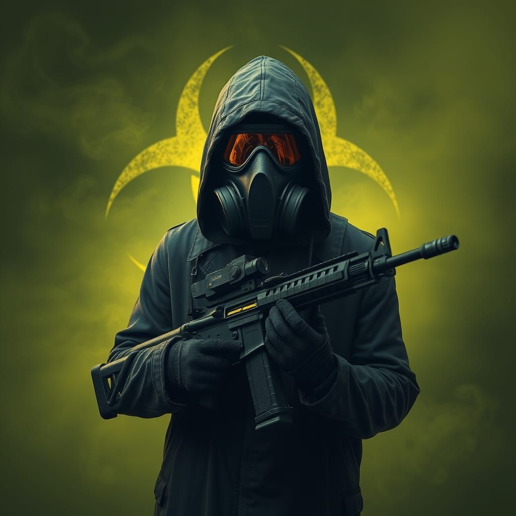 Ethereal Figure in Toxic Haze, Cyberpunk AR Gun at the Ready