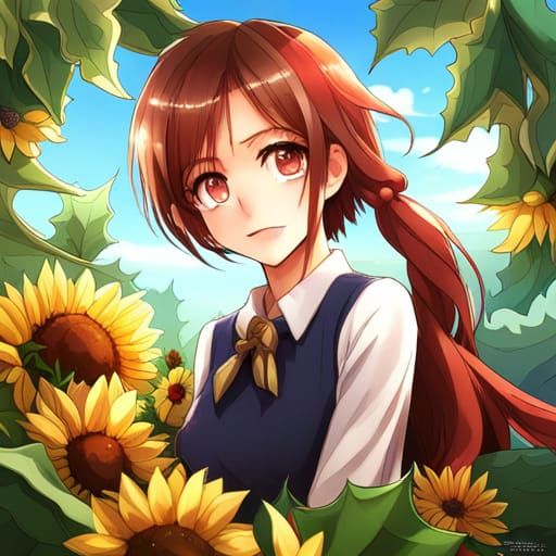 Anime-Style Christmas Wreath with Holly and Sunflowers