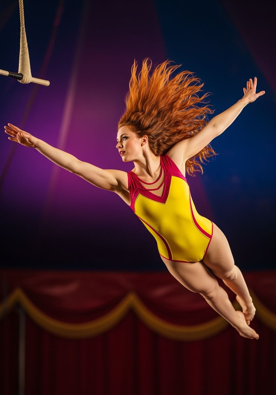 Female Trapeze Artist In Mid-Air