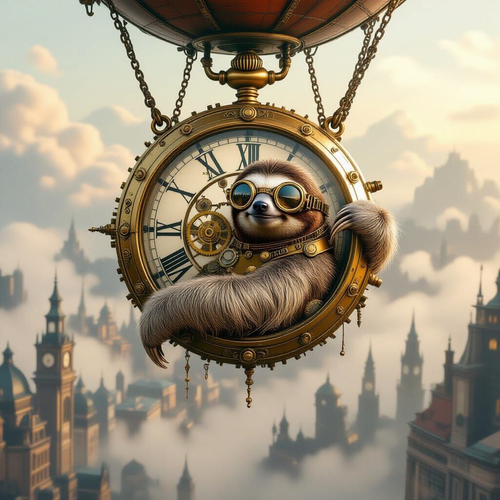 Steampunk Sloth on Dirigible Pocket Watch Over Victorian Cit...