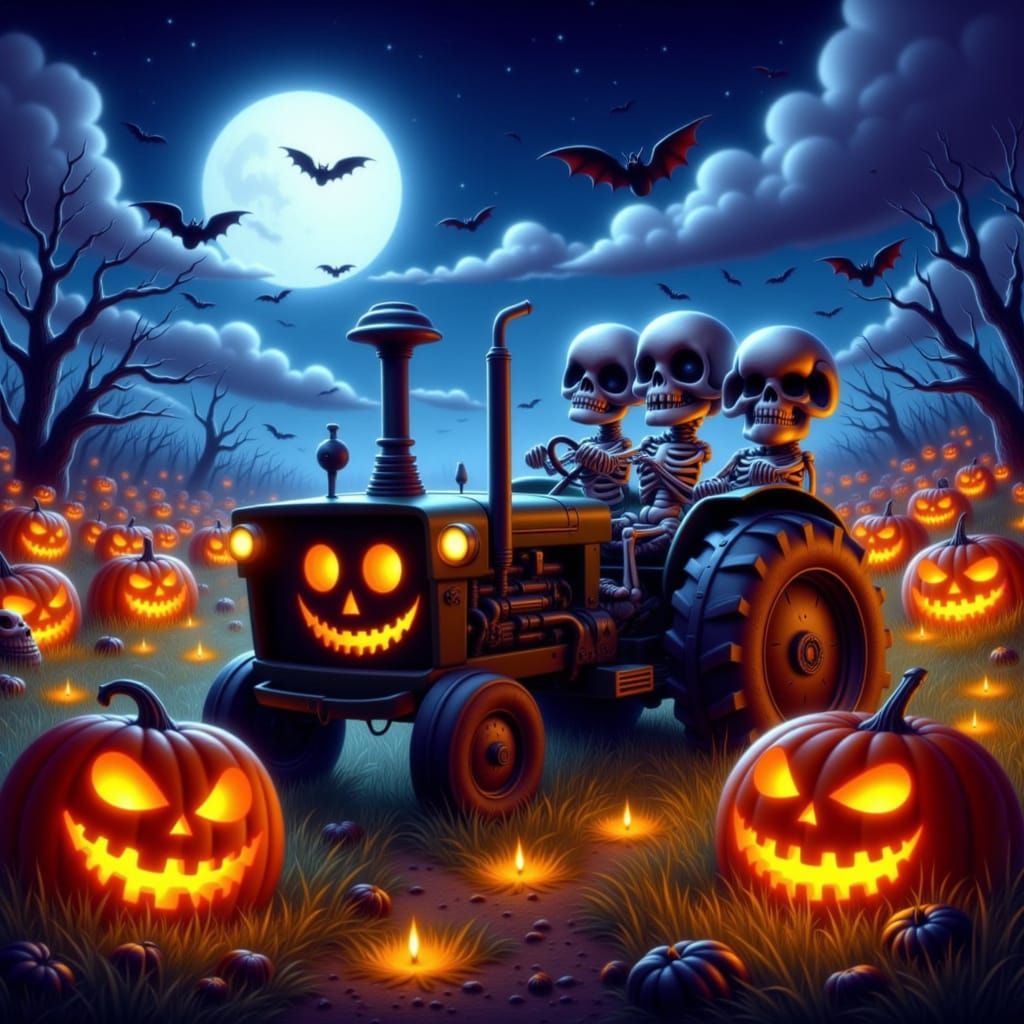 Whimsical Skeleton Hayride in Moonlit Pumpkin Patch