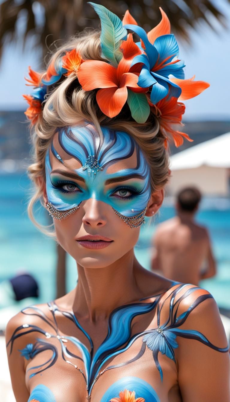 She is so glamorous, body painting beach theme on a beach fashion show