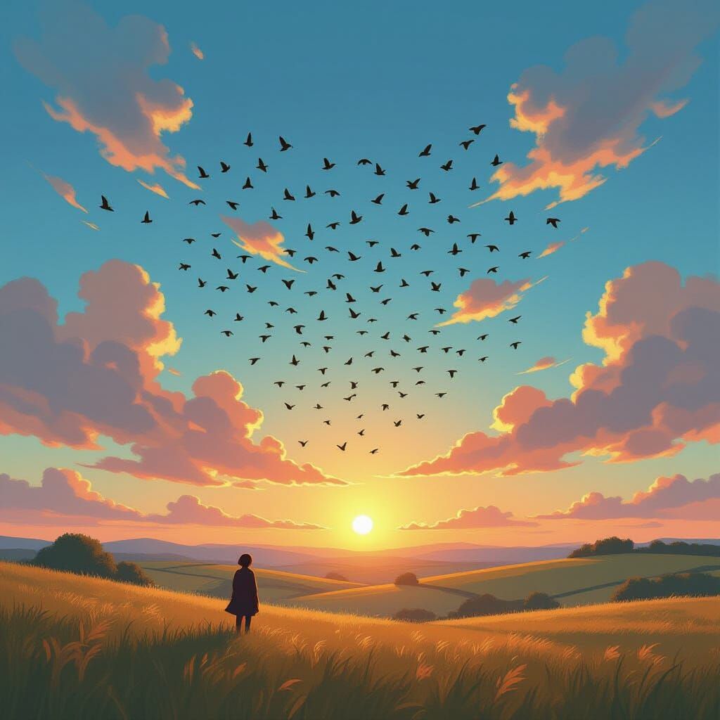 Iridescent Starling Murmuration Ascending into Blue Sky