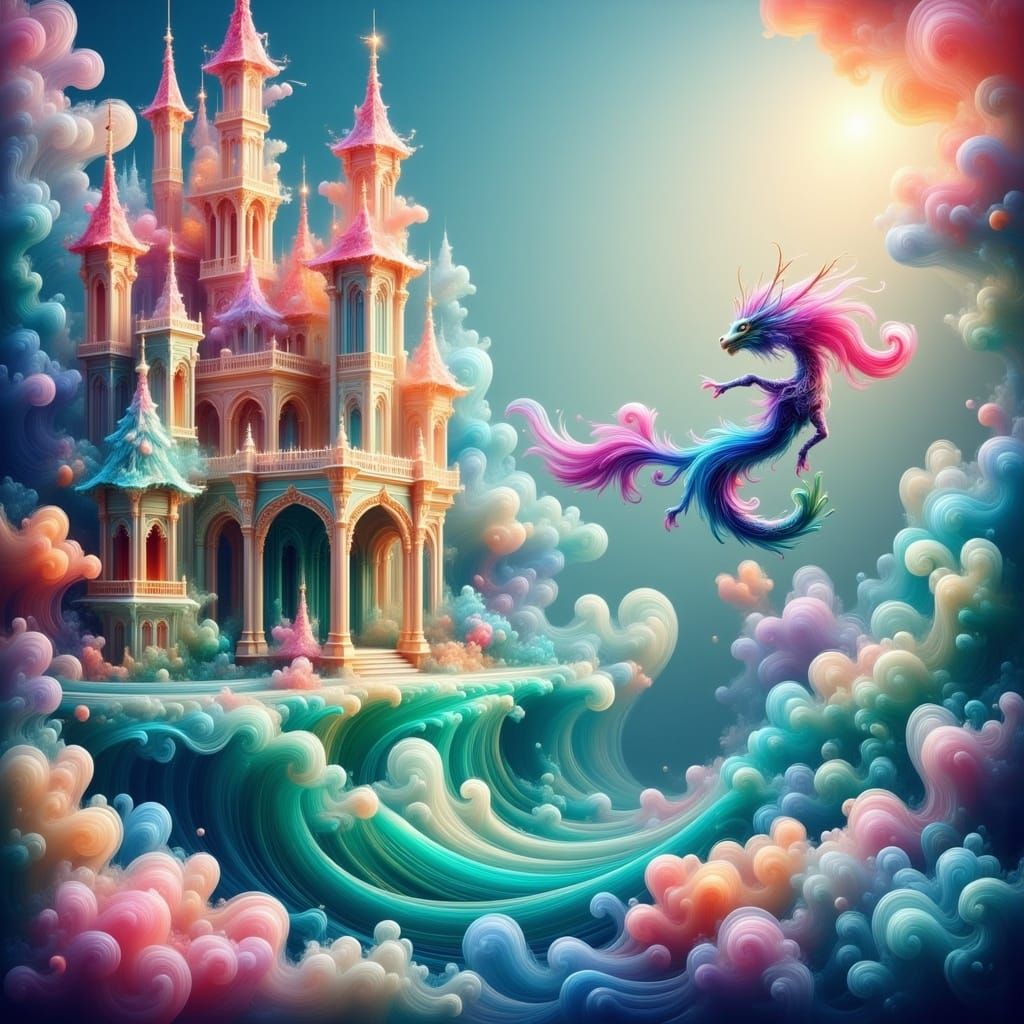 Rainbow Mermaid Castle with Sea Dragon, Digital Art