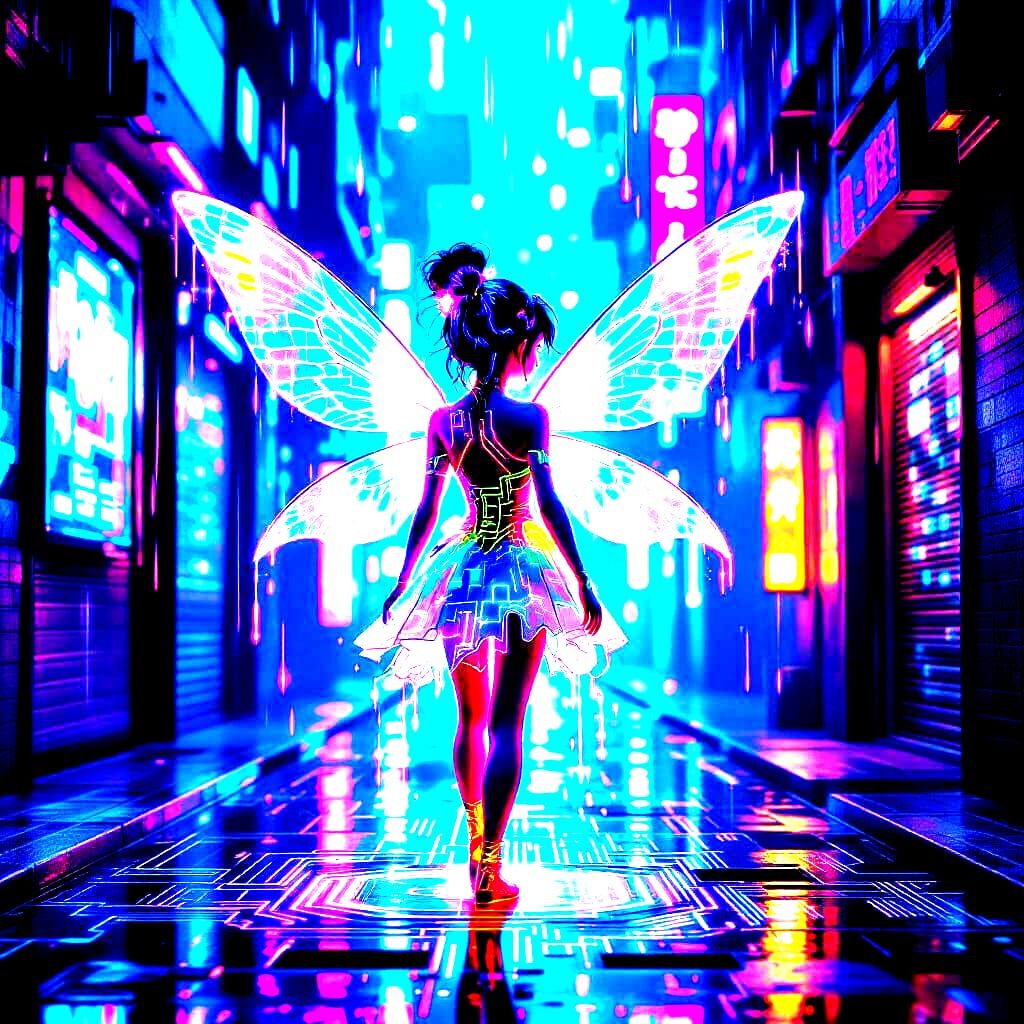 Cute Cyberpunk Fairy on Circuit Board in Neon Alley