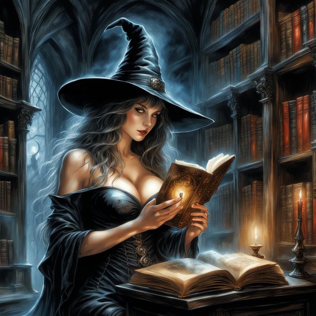 Curvy Witch Reading Magic Tome: Dark Fantasy Illustration