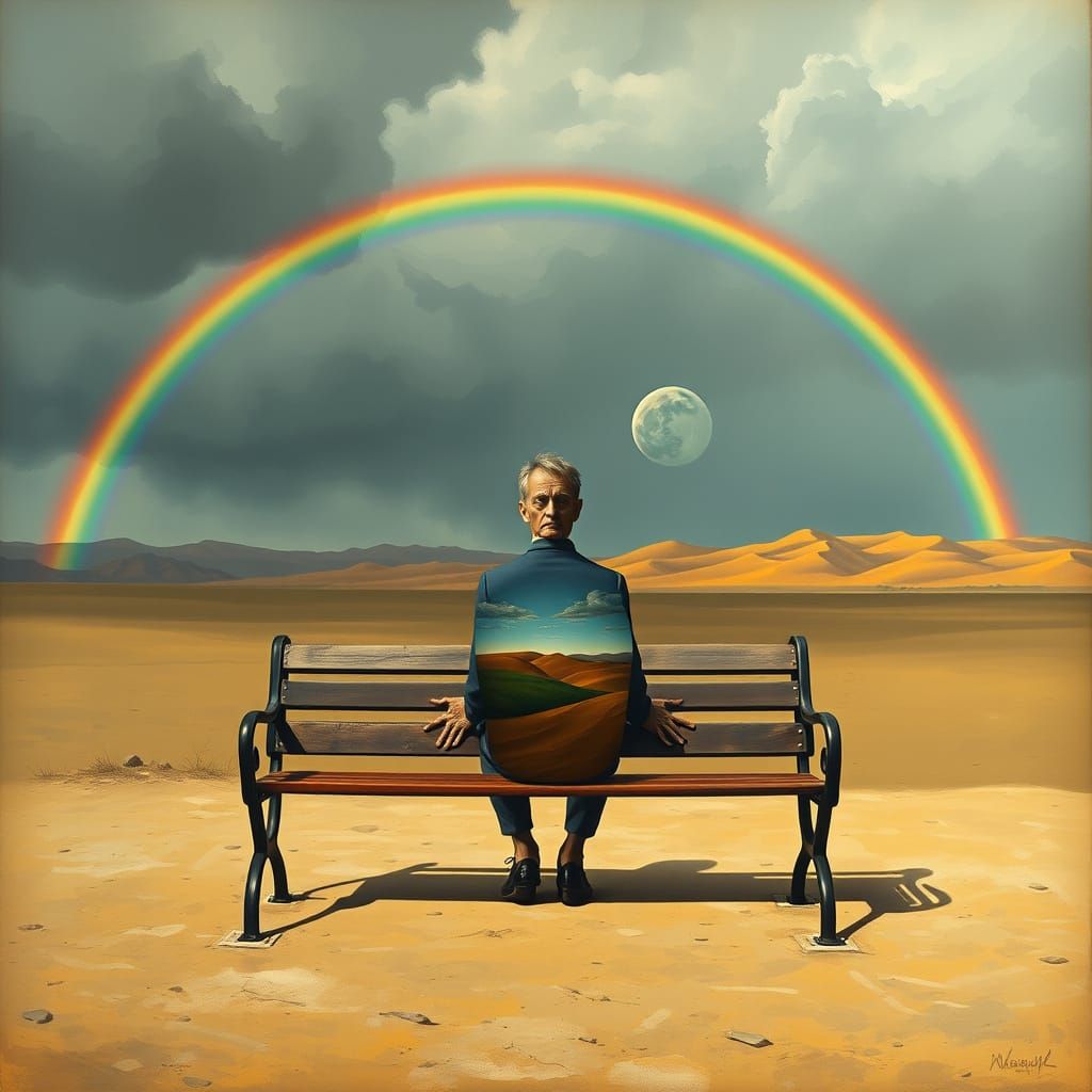 Surreal Desert Scene: Dual Figures Emerge from Bench