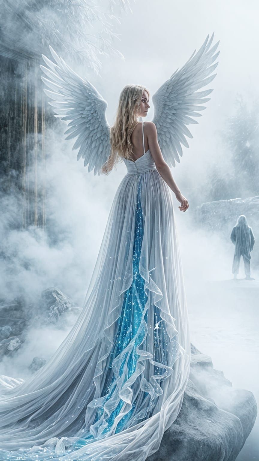 Ethereal Angel in White Haze with Waterfall