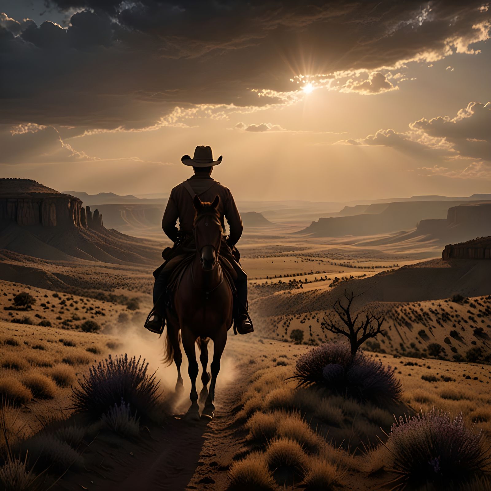 Cowboy on Open Range in Golden Hour Light