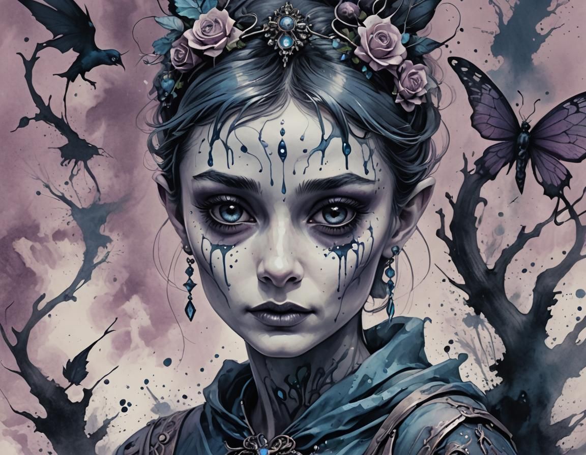 Creepy Cute Fae Spirit in Gothic Ink Wash Style