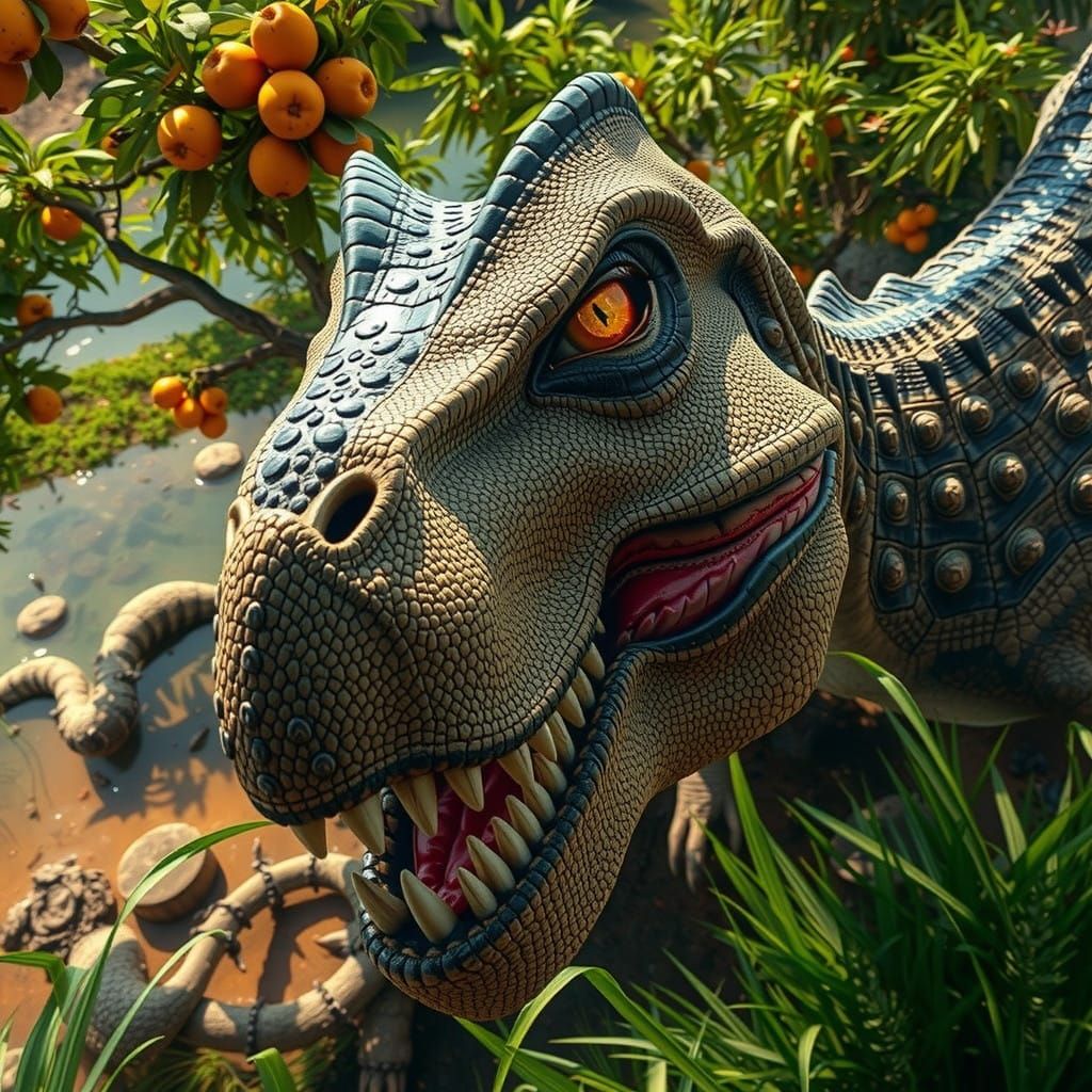 Hyperrealistic Spinosaurus Close-Up: Golden Light, Weathered...