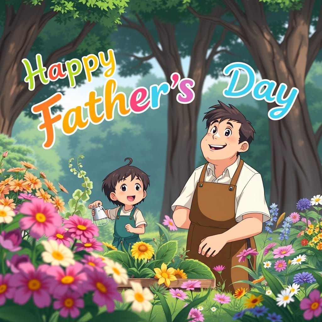 Anime Father and Son in Garden for Father's Day
