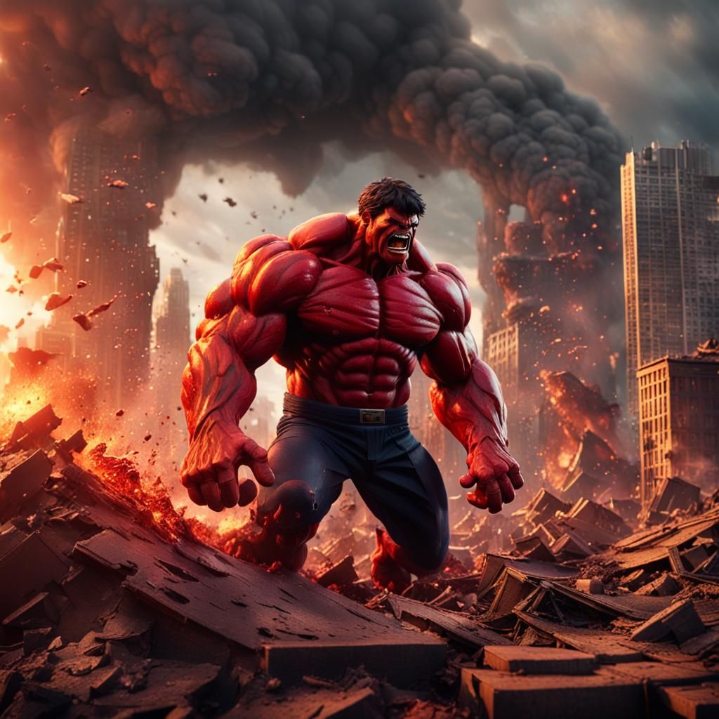 Red Hulk Smashing Through Ruined Cityscape