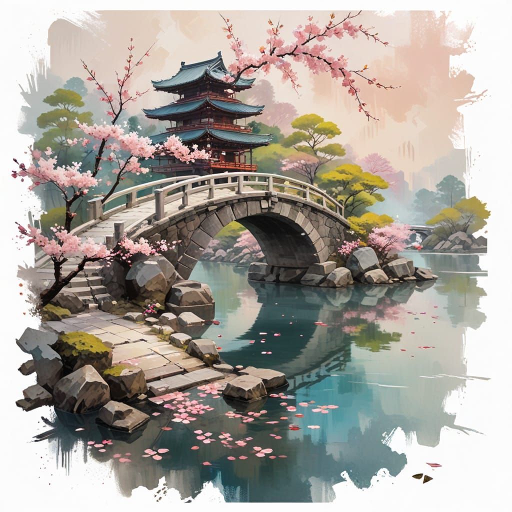 Modern Abstract Art Piece with Sakura Petals and Ancient Bri...