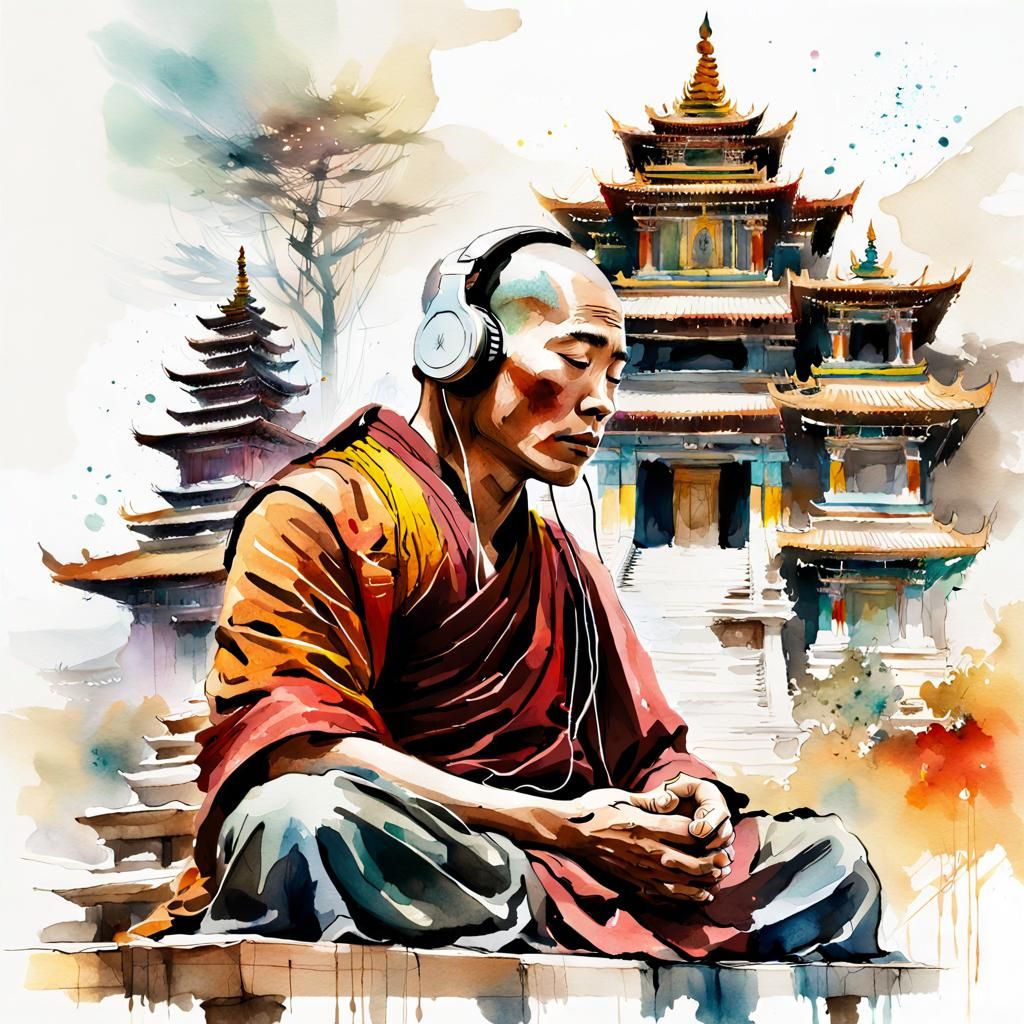 Monk Praying in Tibet: Digital Watercolor Illustration