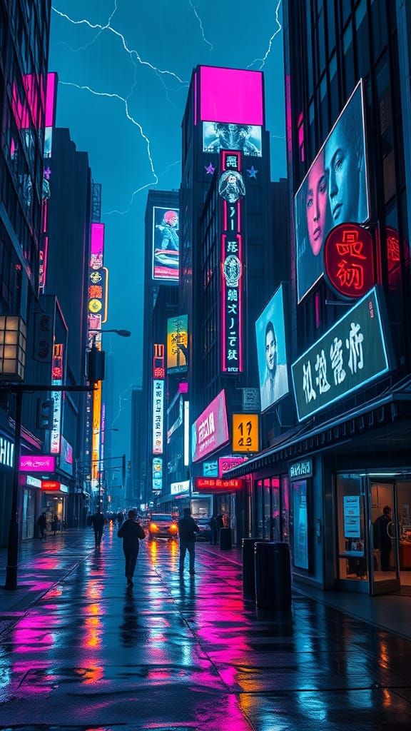 Futuristic Cyberpunk Cityscape at Night with Neon Lights