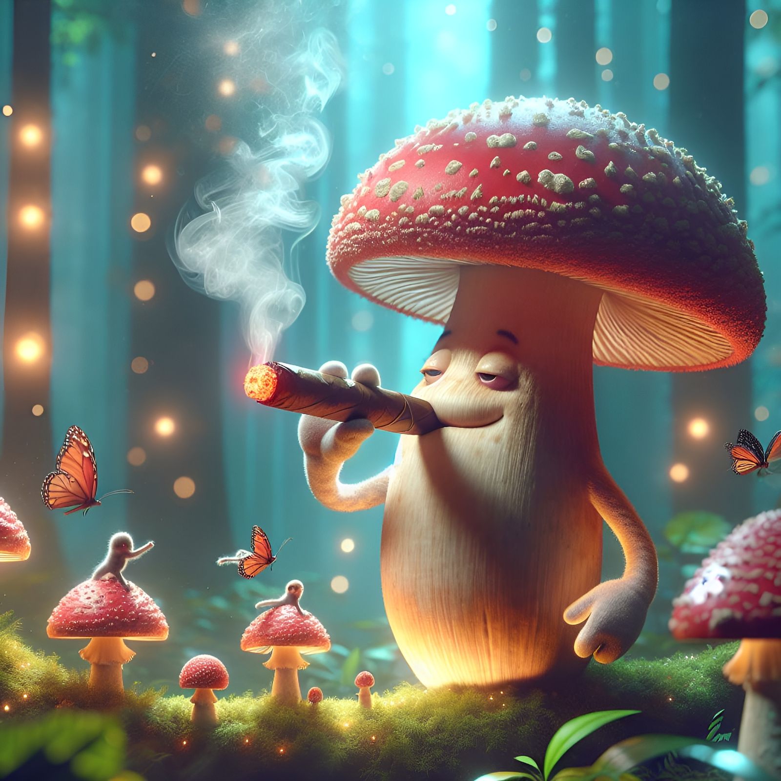 Anthropomorphic Mushroom Smokes Cigar in Magical Forest