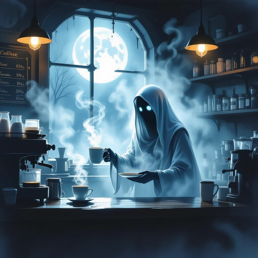 Ghostly Barista Serves Coffee in Moonlit Ethereal Coffeehous...