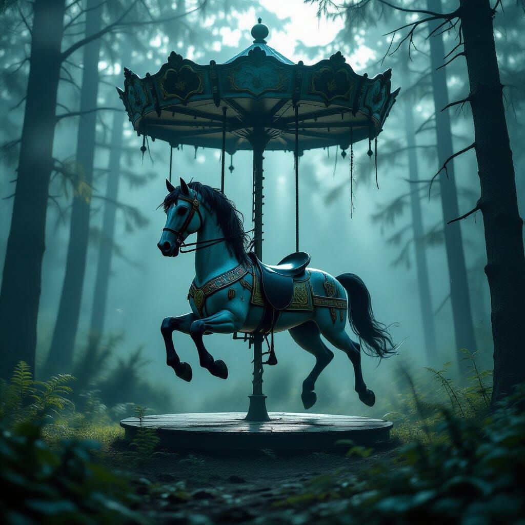 Ancient Carousel Horse in Misty Forest Clearing