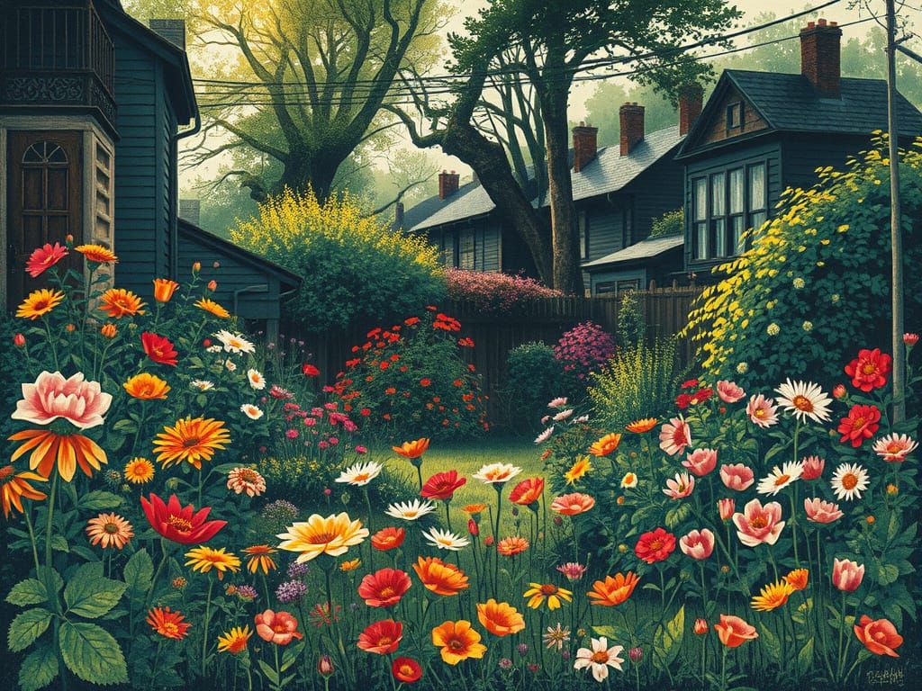 Sunlit Garden in Dark Backyard: Linocut Style