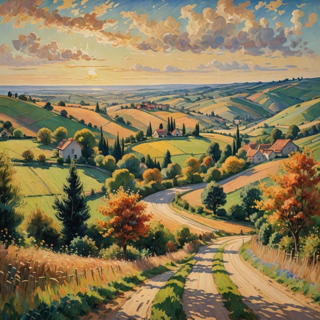 Idyllic Countryside Road in Impressionistic Style