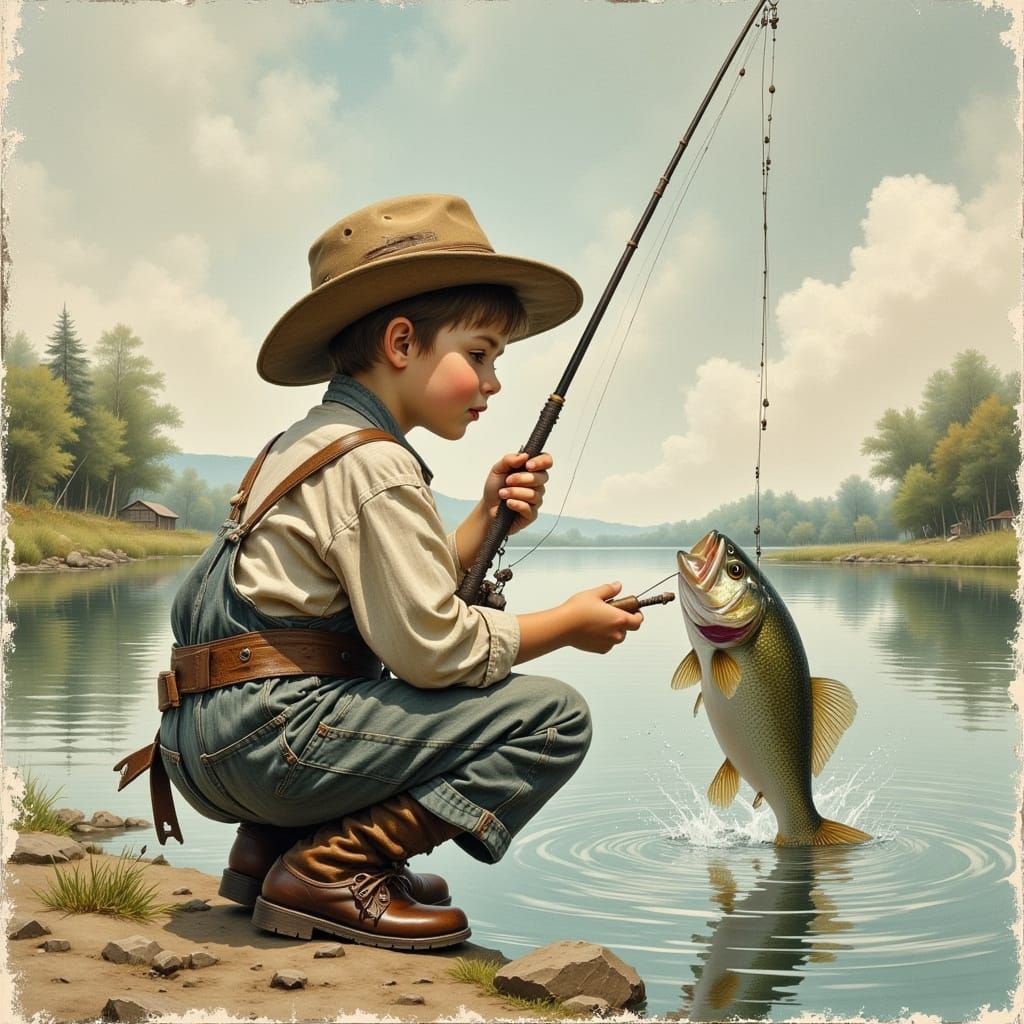 Boy's Fishing Triumph: Hyperreal Rustic Watercolor