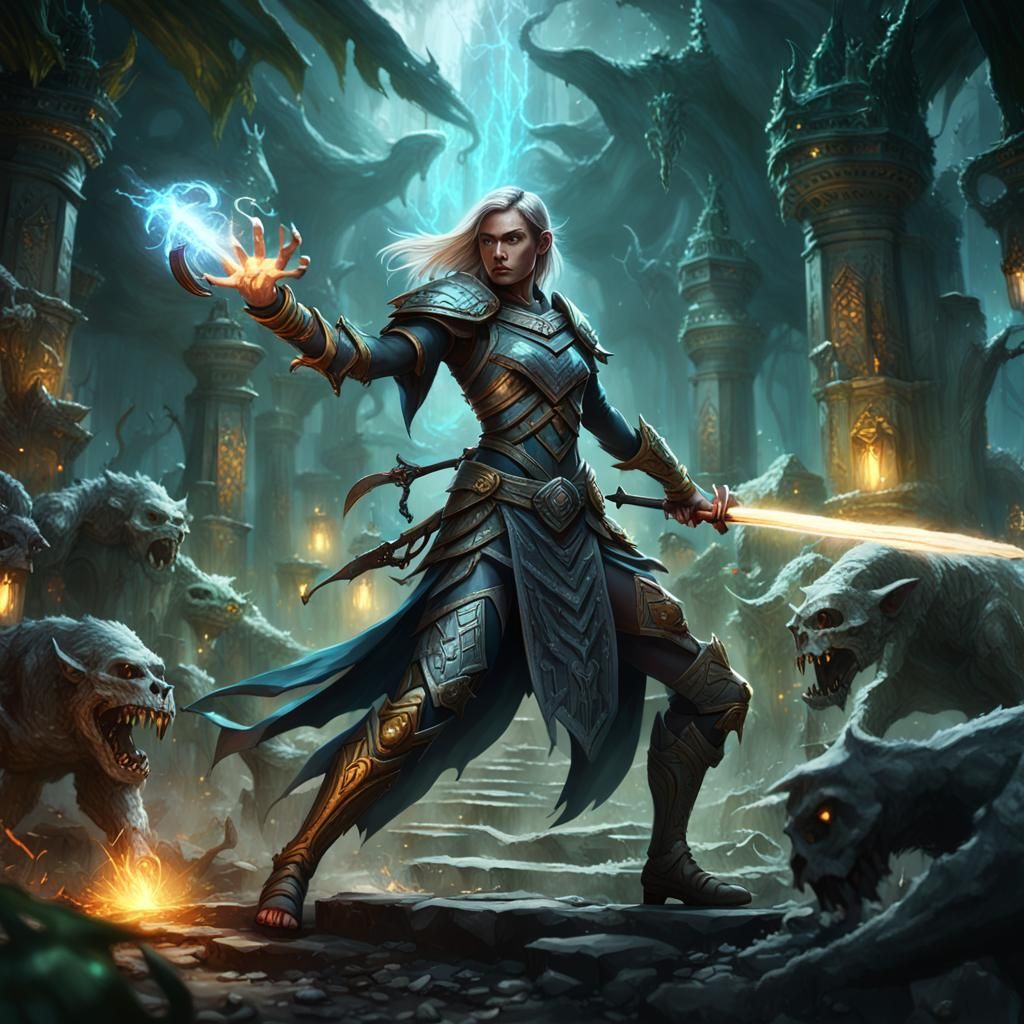 Prompt: fantasy style female paladin, in a heroic pose battling undead creatures, in jungle temple, evil sorceress in th...