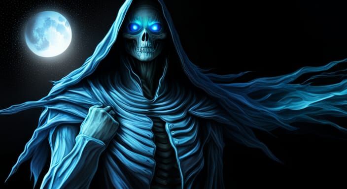 Dark Fantasy Skeletal Figure with Red and Blue Moons