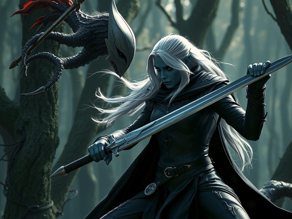 Dark Fantasy Female Warrior Engaged in Battle with Elf Oppon...
