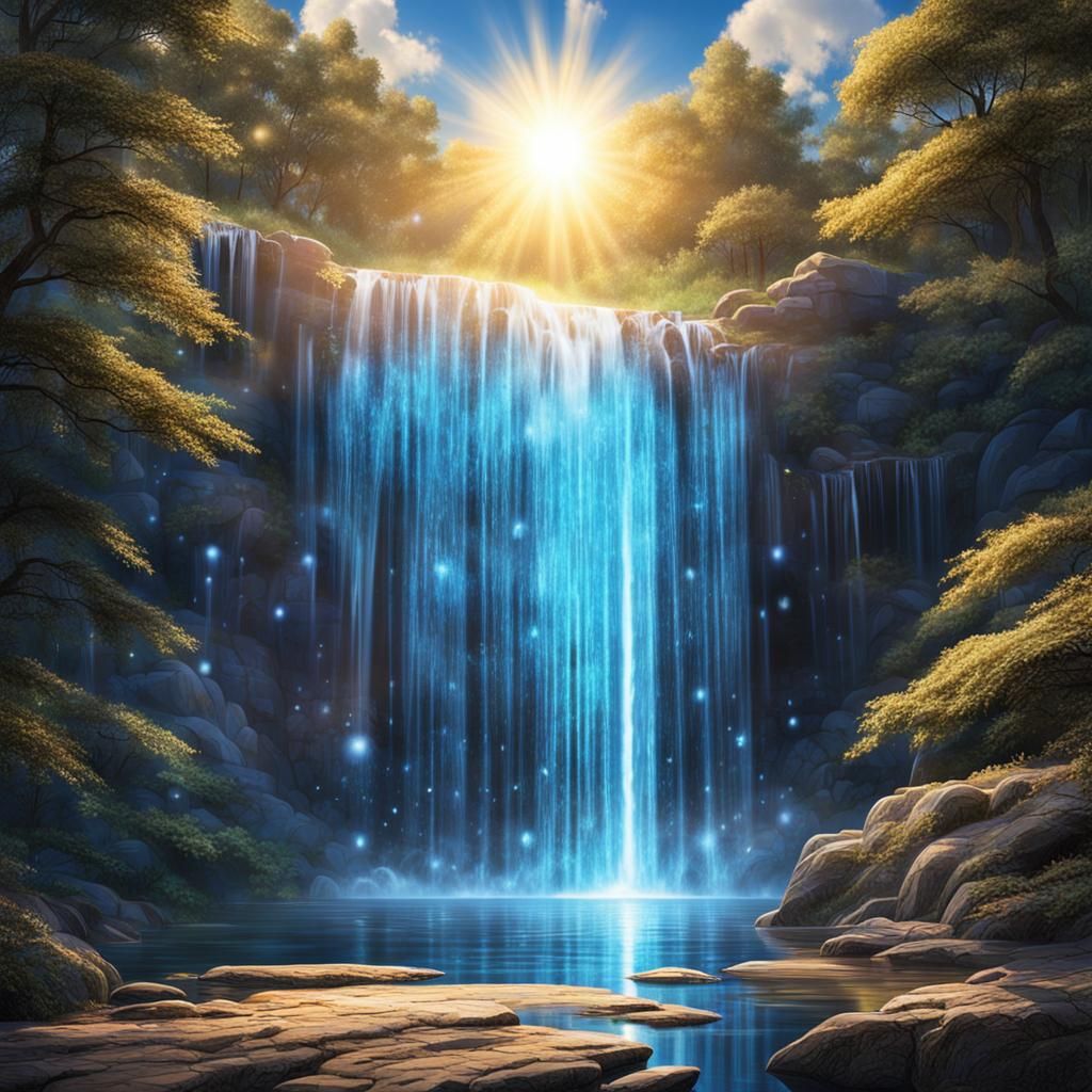 Glowing crystal waterfall with a crystal sun in the sky