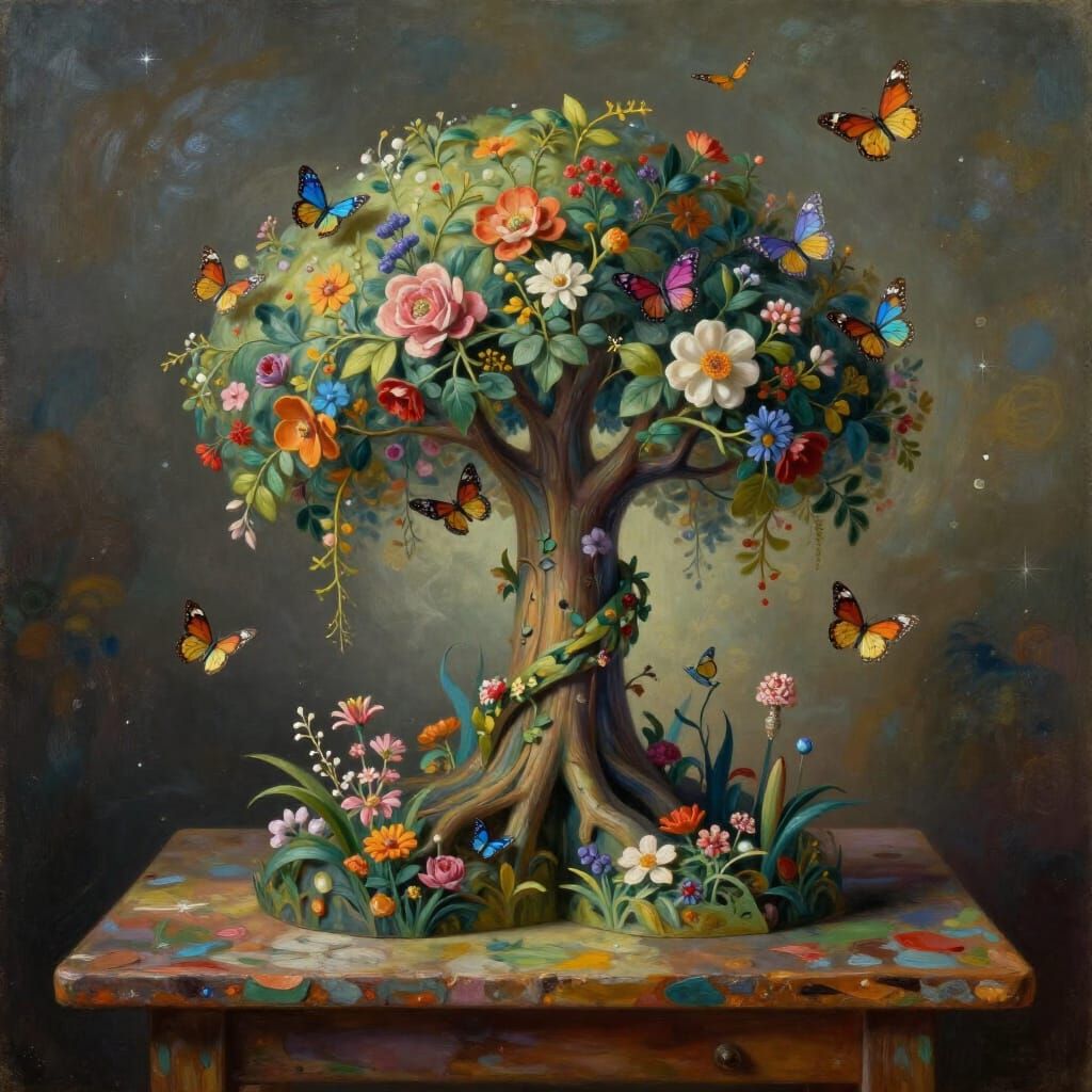 Arabesque Pop-Up Tree Emerges from Floral Forest Painting