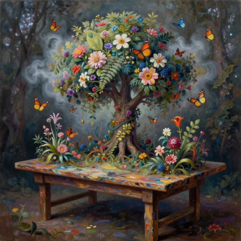 Arabesque Pop-Up Tree Amidst Floral Forest, Surreal Oil Pain...