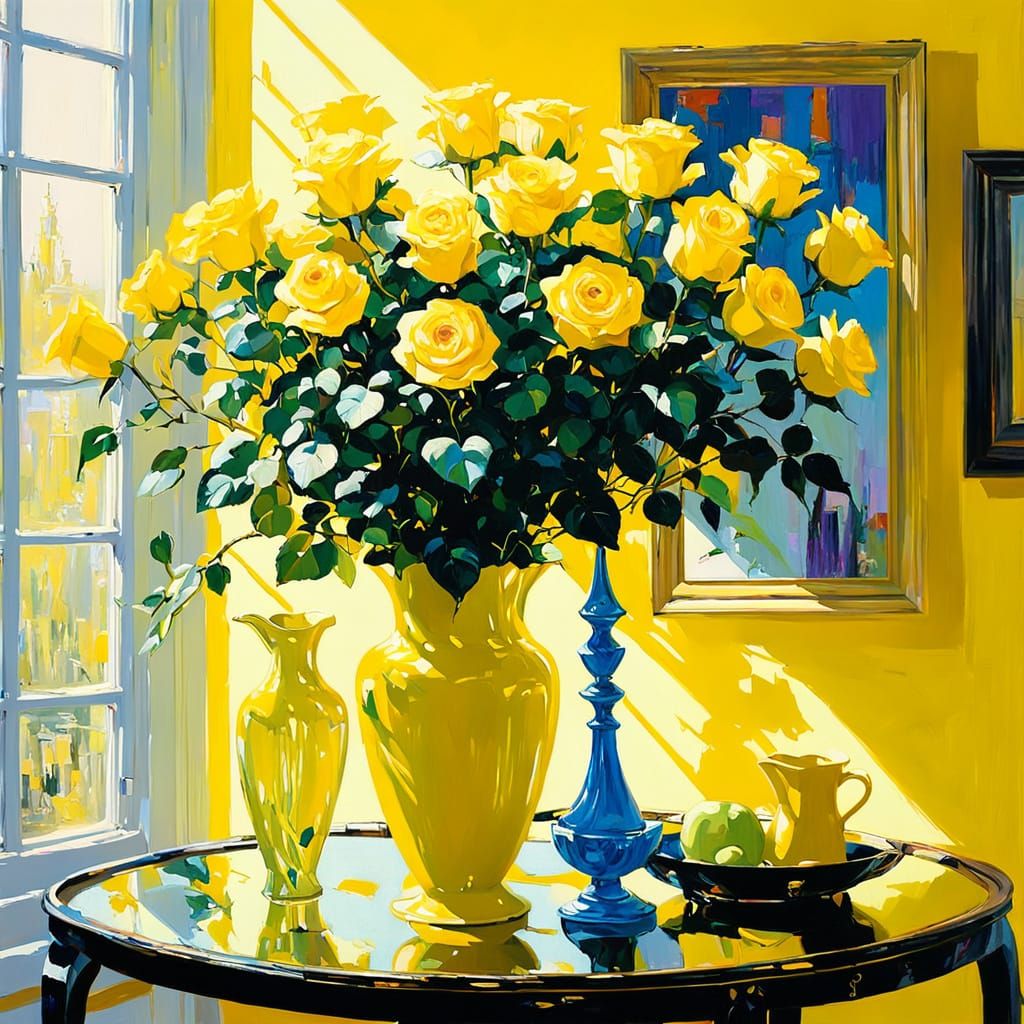 Vibrant Yellow Rose Still Life in Neon Light