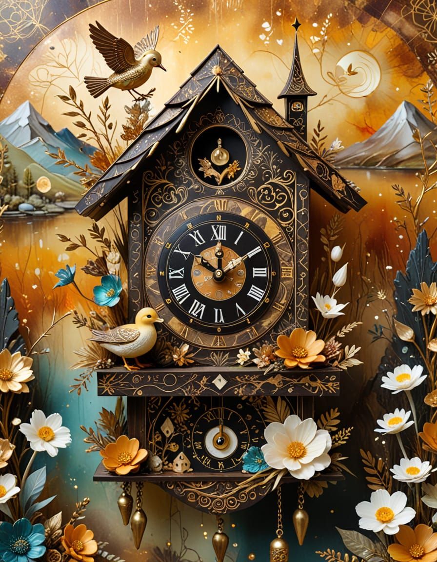 Surreal Cuckoo Clock with Duckling in Dream Landscape