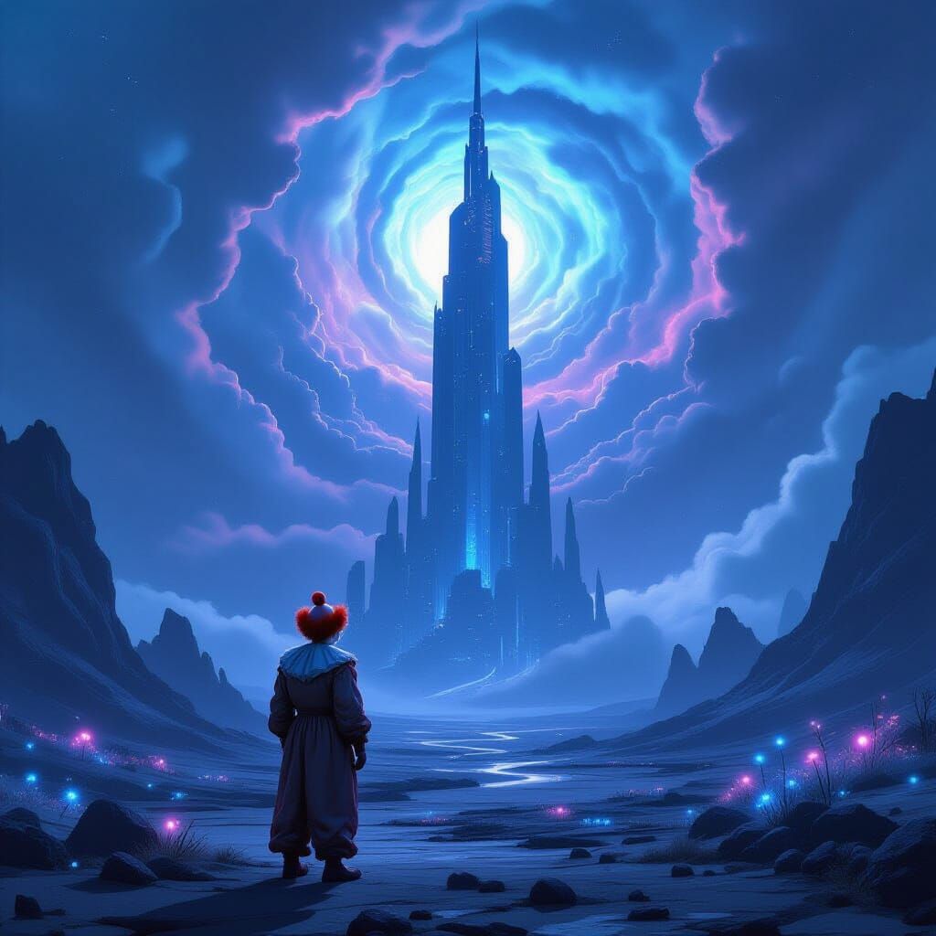Sad Clown on Alien Planet Gazing at Crystal Skyscraper