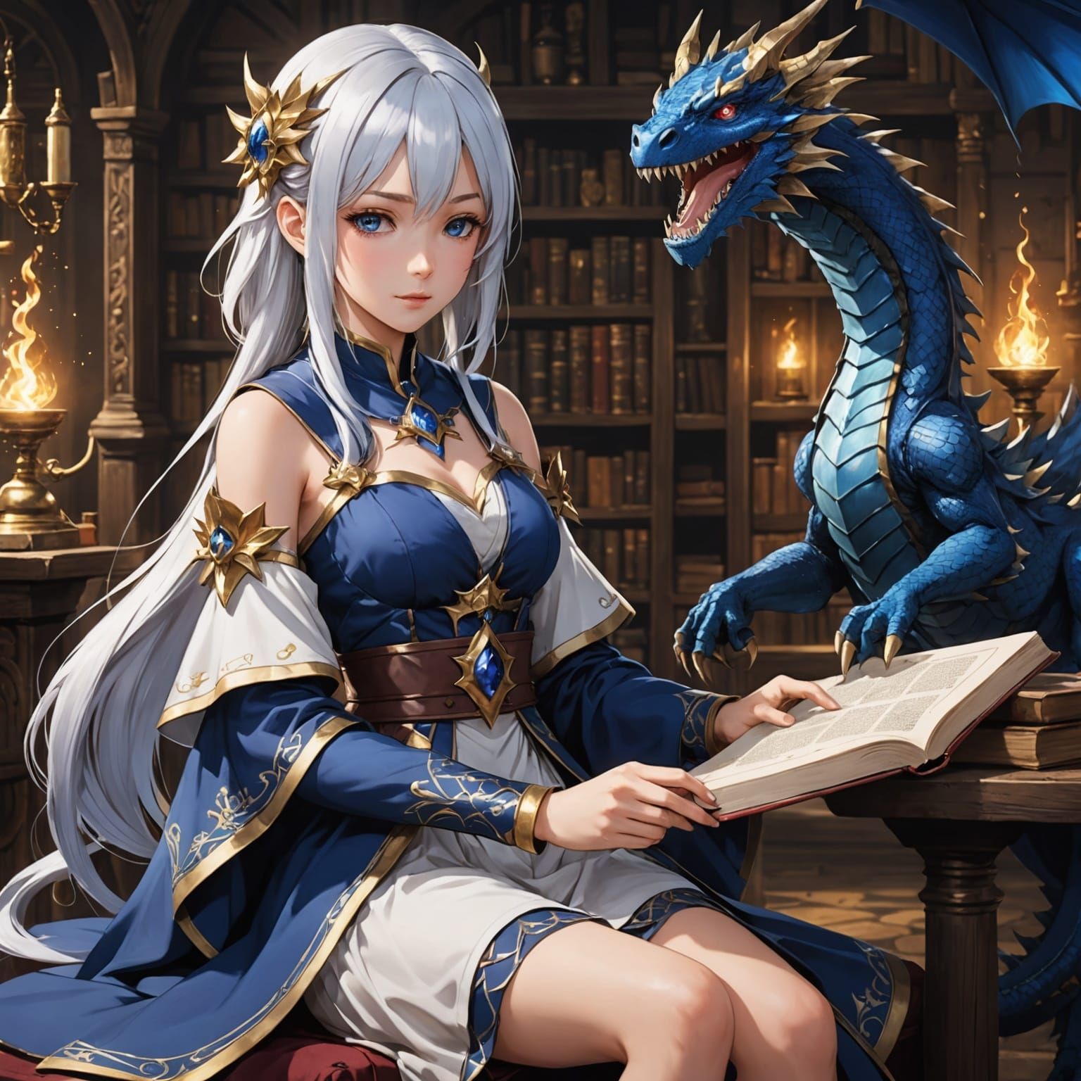 Anime Dragon Girl with Ancient Tome and Alchemy Potion in Fa...