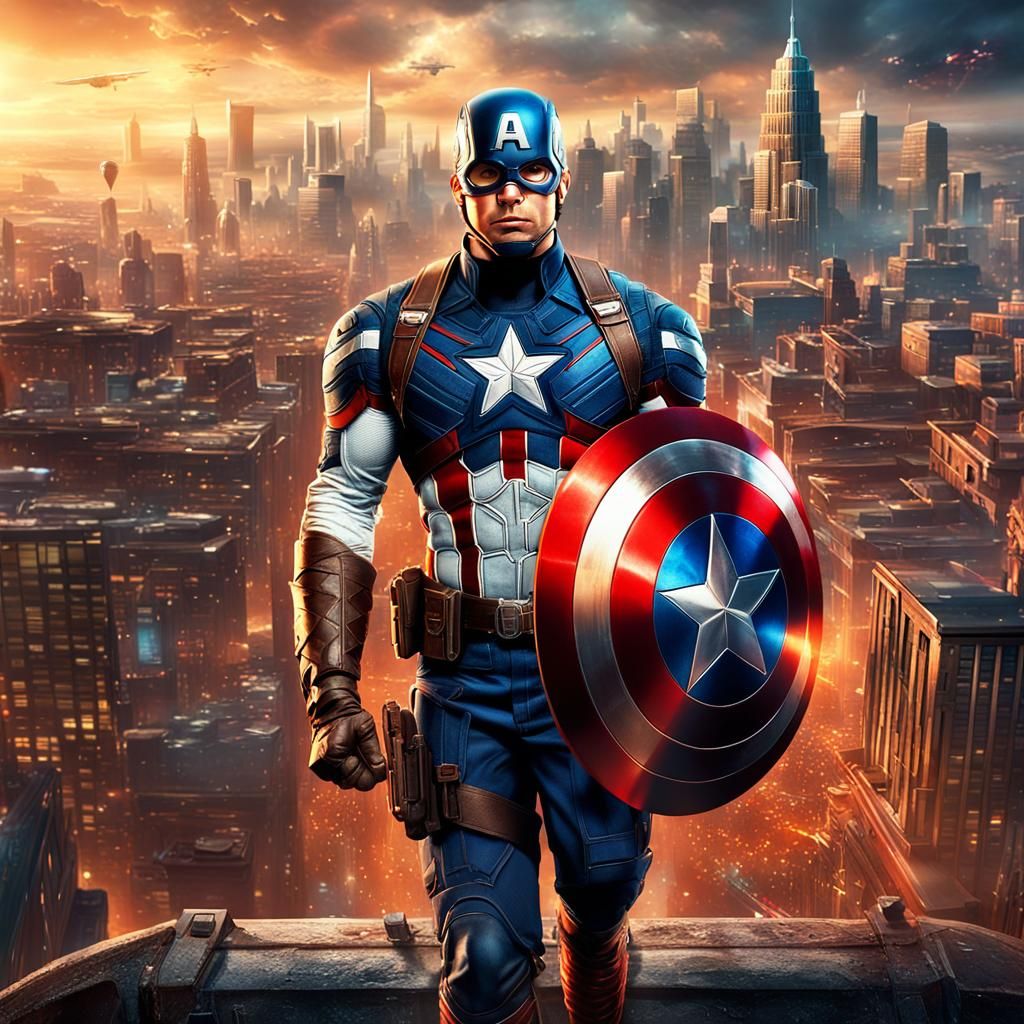Captain America in a Fantastical Cityscape: Hyperrealistic D...