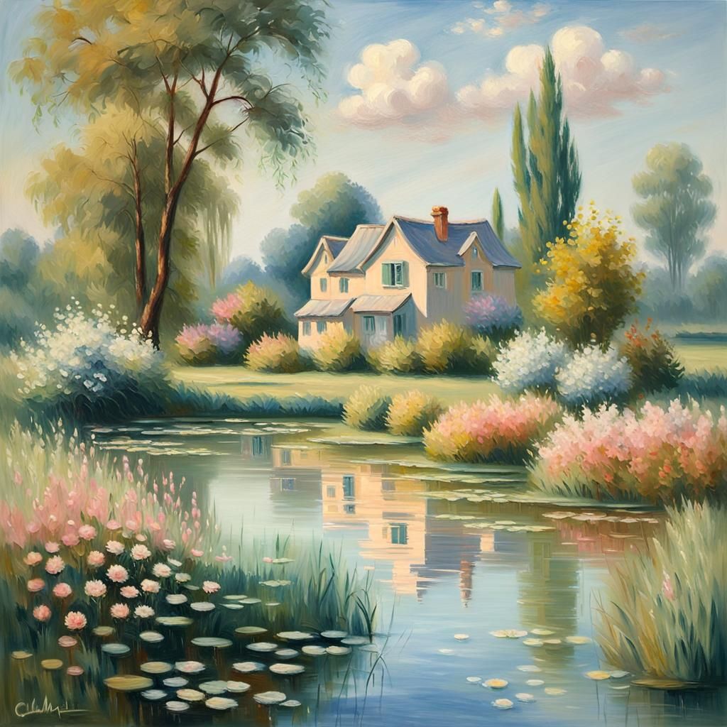 Idyllic Lakeside House Painting in Impressionist Style