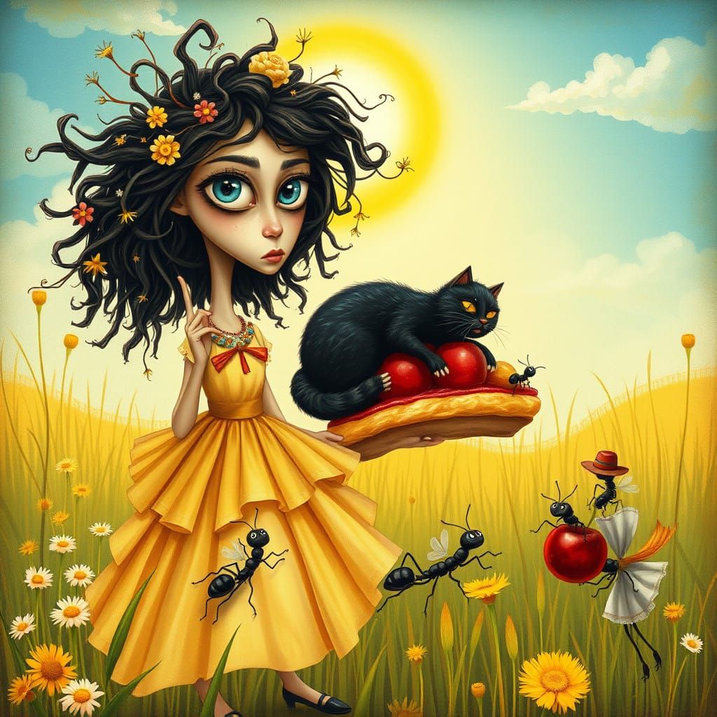 Whimsical Girl Confronts Cherry Pie Thief in Vibrant Meadow