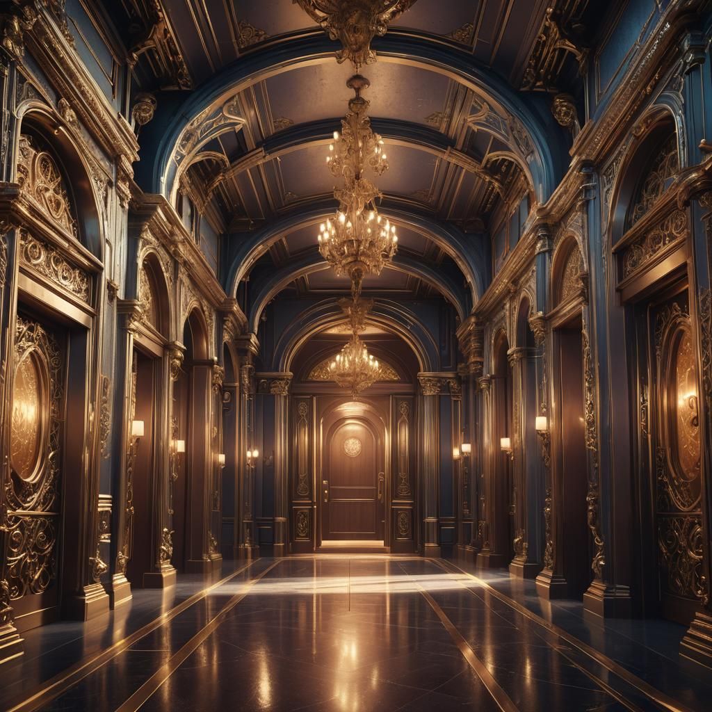 Surreal Hotel Hallway with Fantastical Doors