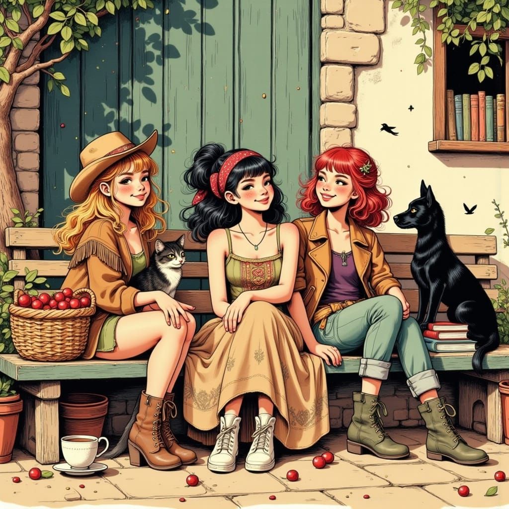 Rustic Courtyard Gathering in Airbrush Style