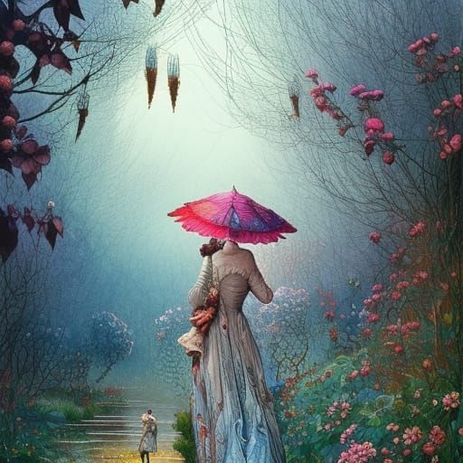 Rainy Morning Walk: Vibrant Digital Art