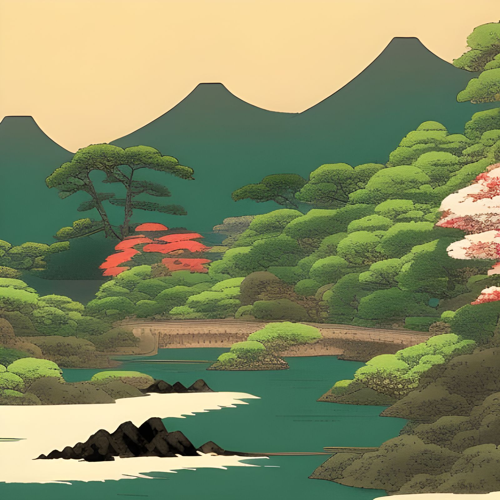 Japanese Mountain Landscape in Anime Style