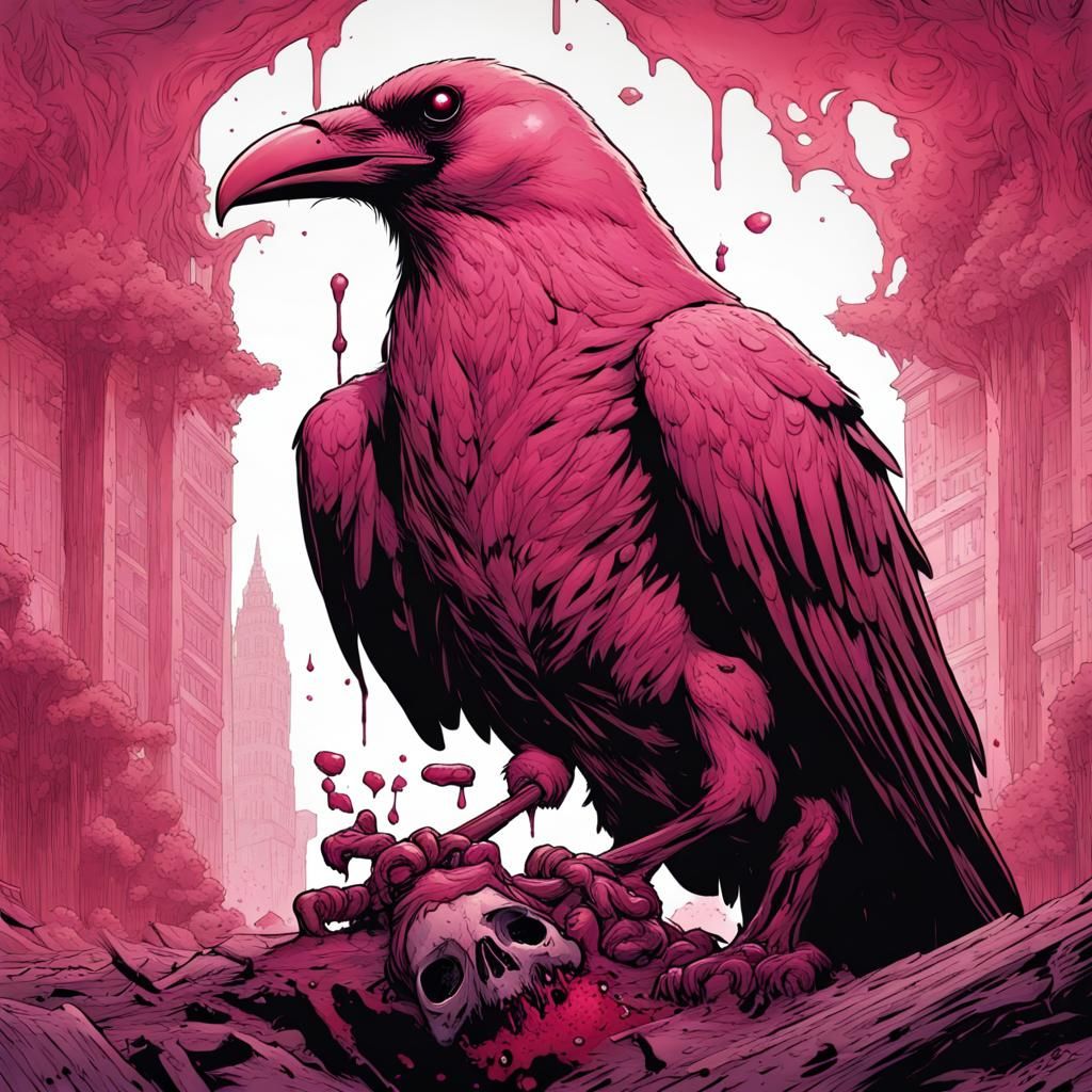 Giant Pink Raven with Skull: Comic Book Art