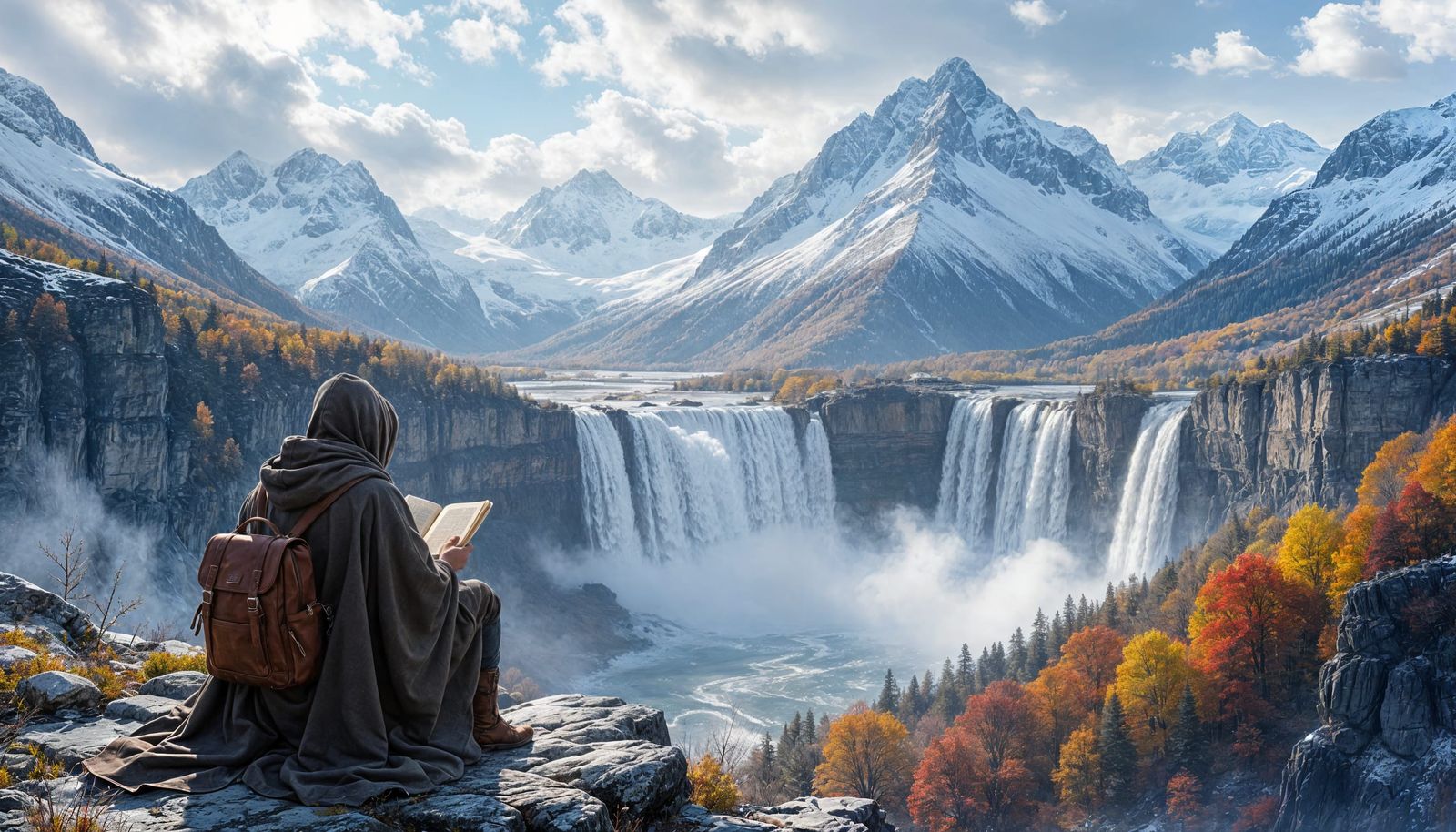 Lone Traveler Views Autumn Waterfall in Mountain Grandeur