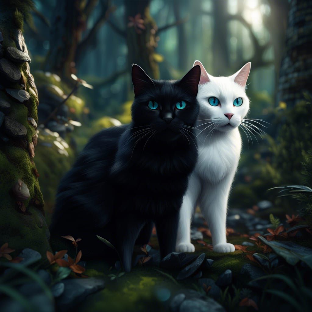 Black and White Cats in Forest Concept Art