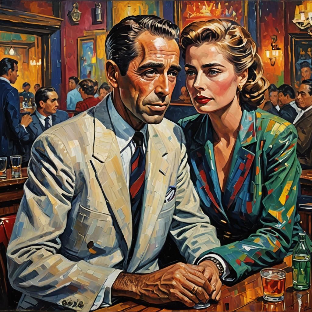 Casablanca Bar Scene in Neo-Impressionist Style