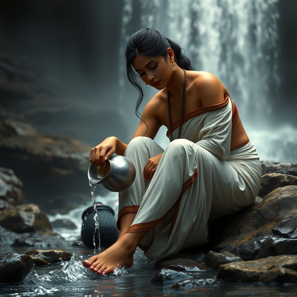 Indian Woman in Serene Waterfall Scene, Oil Painting