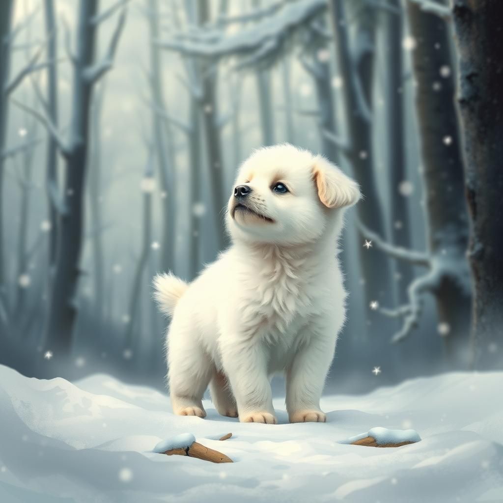 Puppy in Winter Forest: Storybook Impressionism